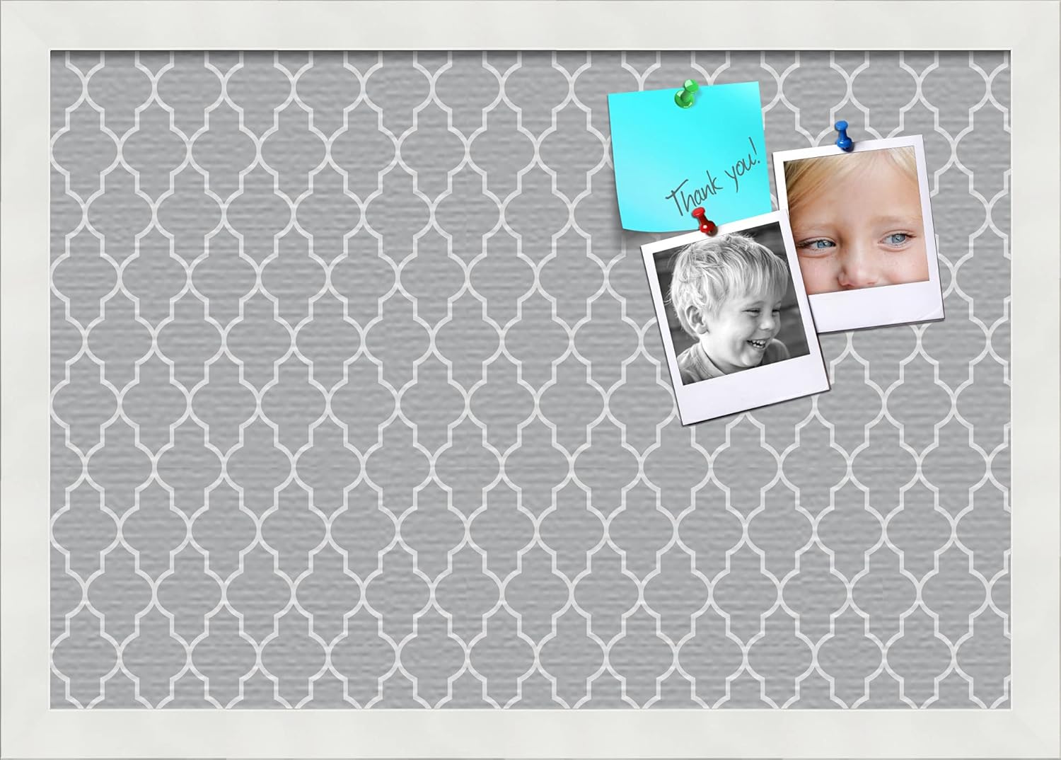 PinPix 19x13 Custom Cork Bulletin Board Quatrefoil Grey Poster Board with a Canvas Style Photo Board, Framed in Satin White Frame (PinPix-284)