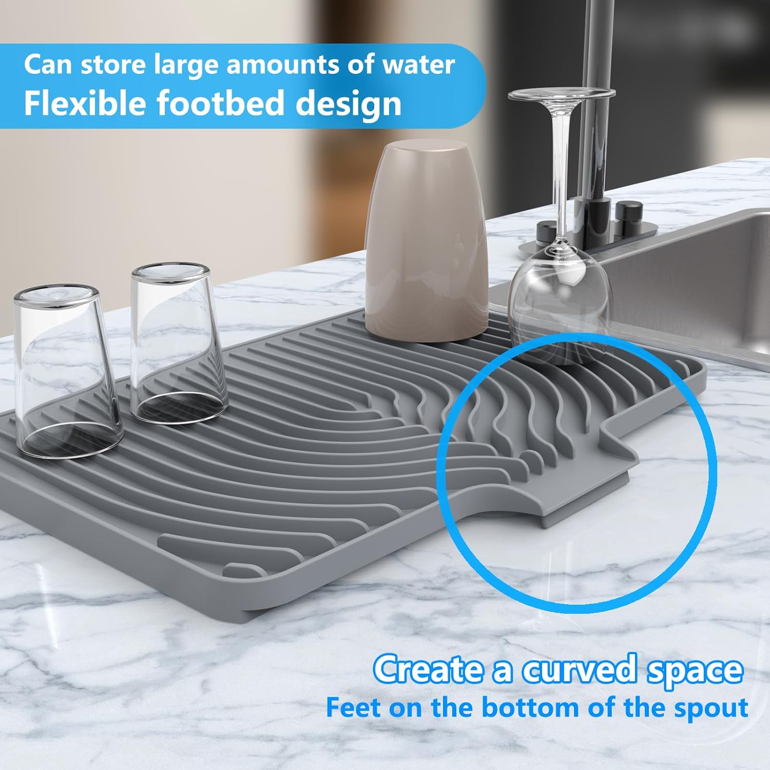 Kitchen Drying Mat for sink with a bulged edge,10"14"18"20"Silicone Dish Drying Mat with built-in Drain Spout, Rubber Dish Mat for Kitchen (18"×12"gray)