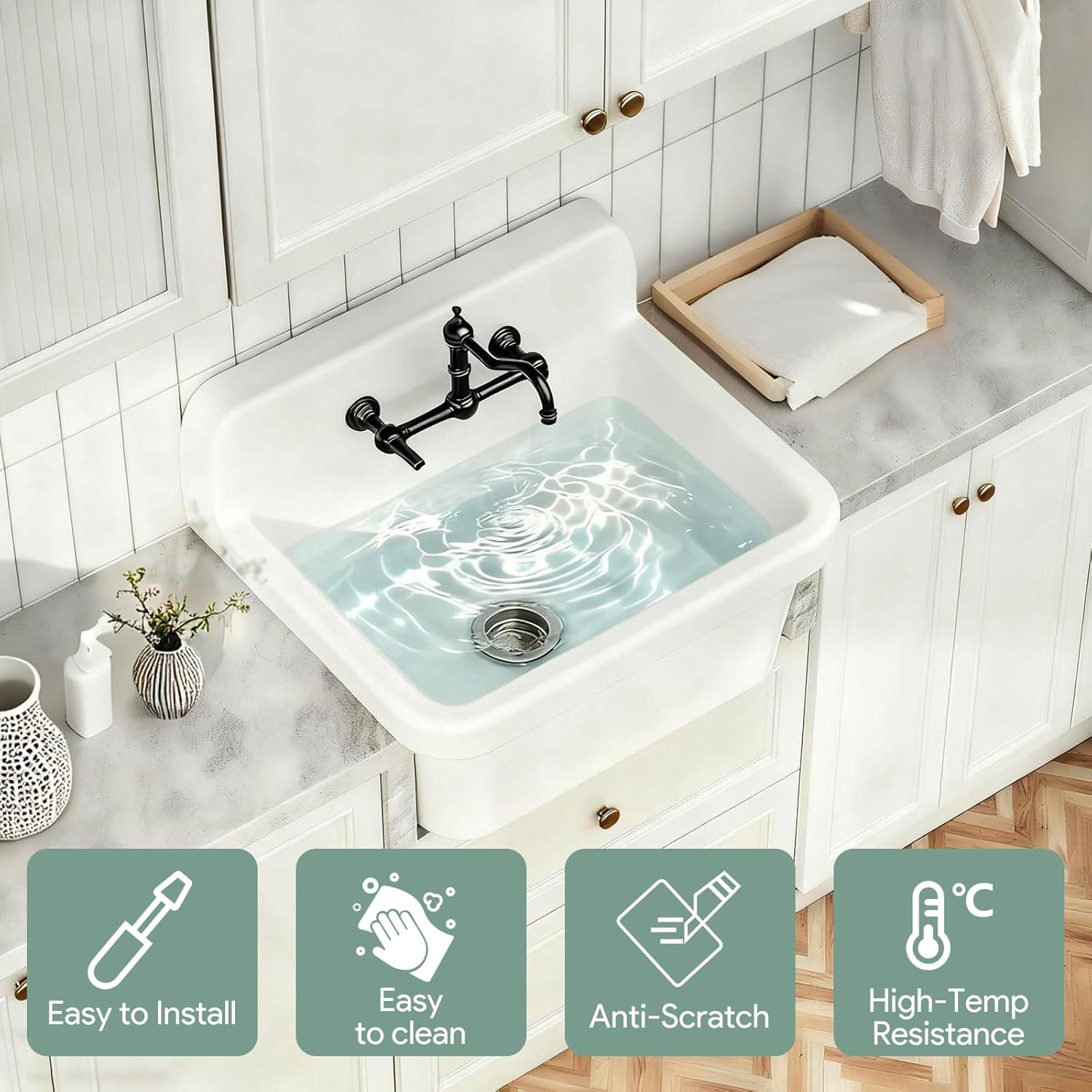 21 Inch Ceramic Wall Mount Utility Sink, Farm Style, High Back Wall Mounted Laundry Tub, Farmhouse Sink Slop Wall Hook and Drain for Laundry Room, Garage, Kitchen, Bathroom, White