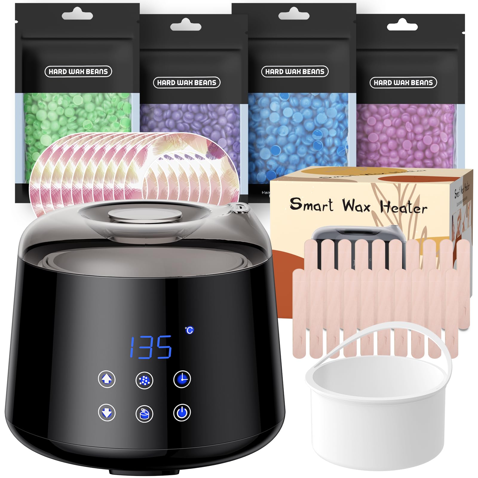Waxing Set LCD, 2 tryby ogrzewania, podgrzewacz do usuwania włosów, 4 ziarna wosku, 20 drewnianych szpatułek, czas podgrzewania, usuwanie włosów w domu (czarny)