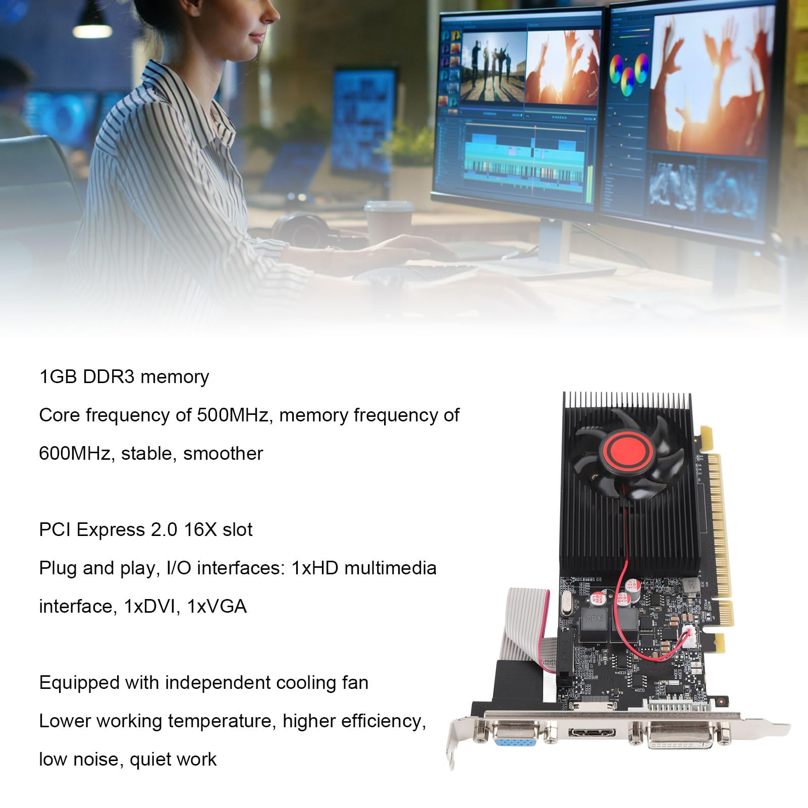 Dpofirs GT610 1 GB DDR3 Scheda Grafica a Basso Profilo a 64 Bit, Nessun Design Silenzioso di Alimentazione Esterno, PCIe 2.0 X16 per 11 10 Linux per il Desktop per Computer