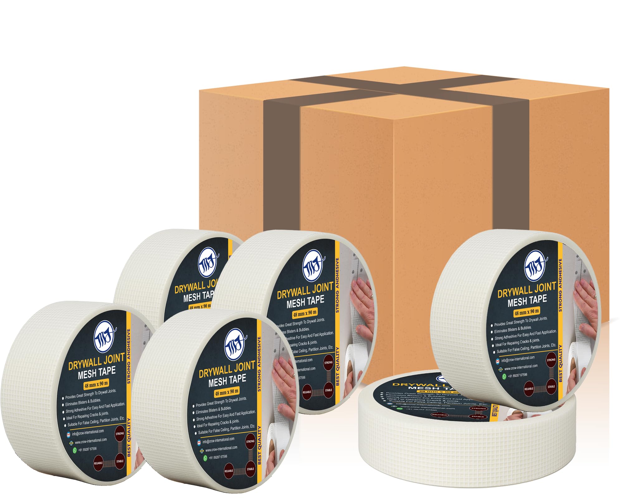 M.J Drywall Mesh Tape 48mm x 90m – Box of 30 Self-Adhesive Fibreglass Joint Scrim Tape for Plasterboard, Drywall & Wall Crack Repair – White Reinforcement Tape for Builders & Trade Use