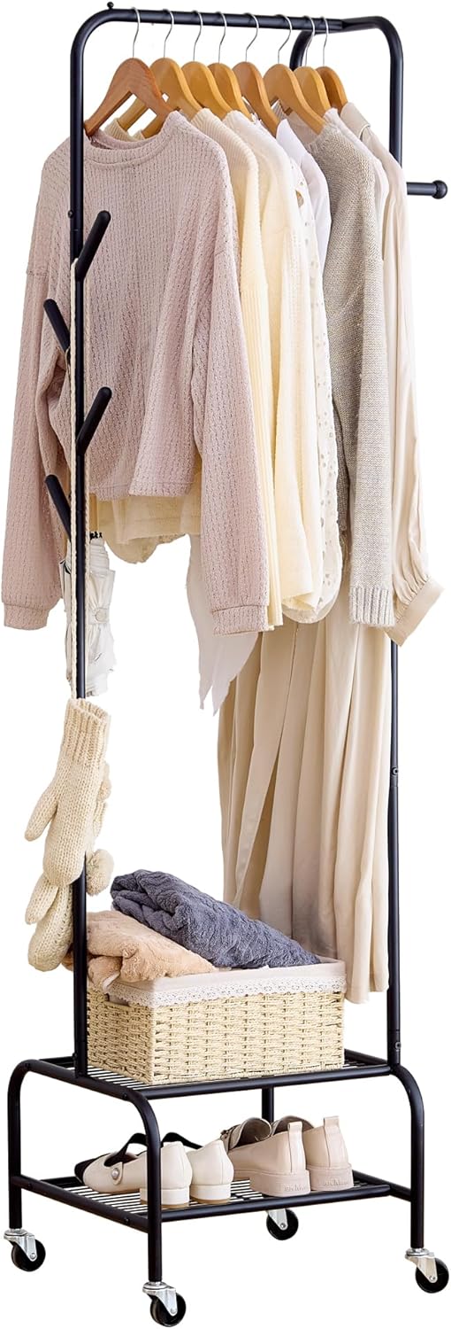 FILWH Rolling Coat Rack with Storage Shelf Freestanding Coat Rack Hall Tree with 6 Hooks for Entryway, Bedroom Metal Clothes Hanger Stand for Hats, Jackets, Bags,Shoes (Black, Double-layer)