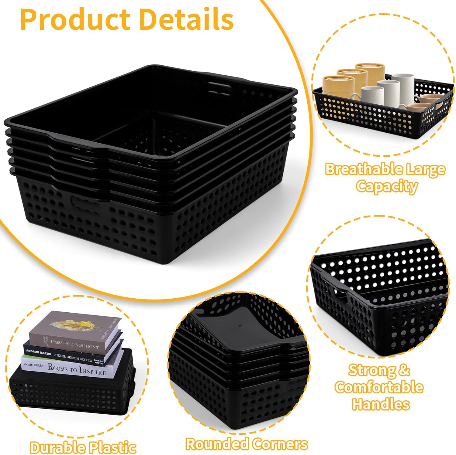 12 Pcs Plastic Storage Baskets Bulk 14 x 10 In Stackable Storage Bin with Handles A4 Size Desktop File Letter Organizer Tray Multi-purpose Container for Shelve Desktop Classroom Office Home Playroom