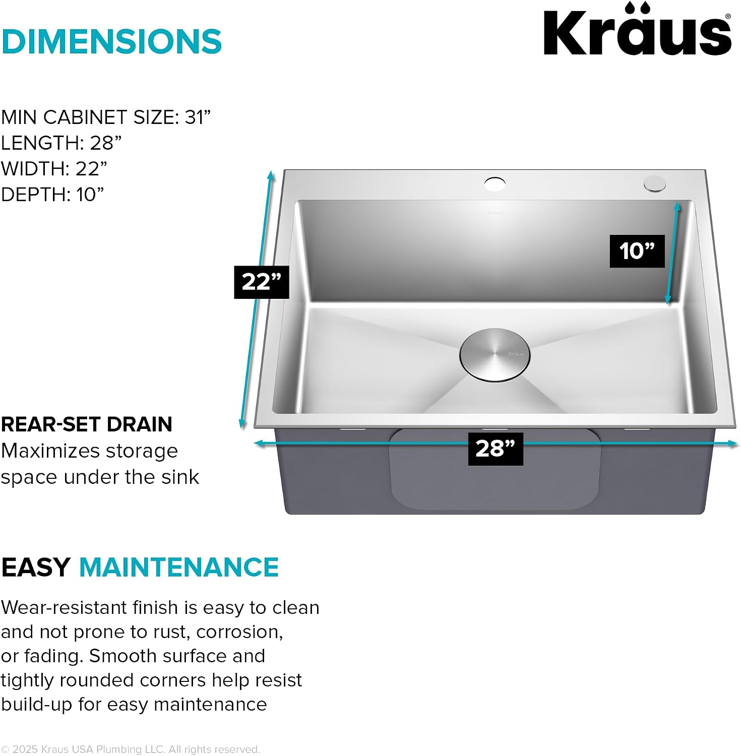 KRAUS Standart PRO 28-inch Drop In/Undermount 16 Gauge Single Bowl 2-Hole Stainless Steel Kitchen Sink, KHT300-28