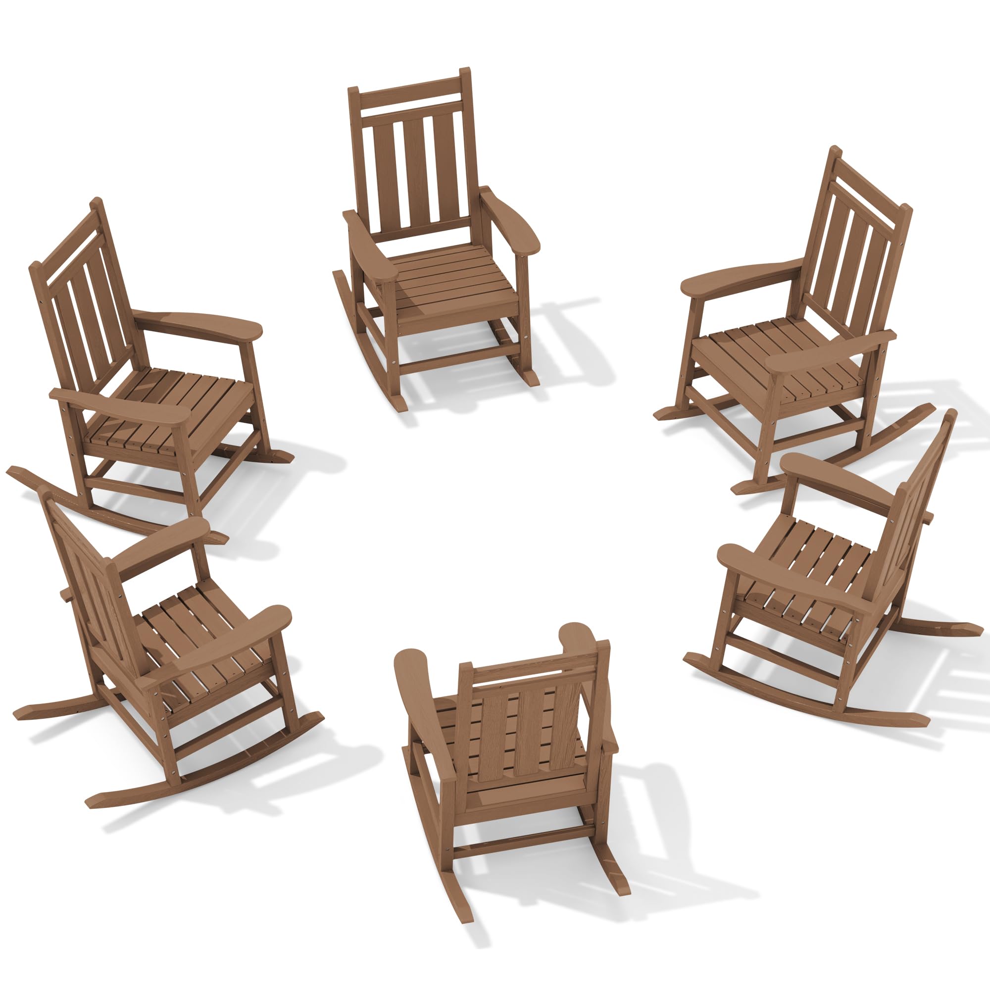 KINGYES Oversized Outdoor Rocking Chair Set of 6, HDPE Patio Rockers, Brown