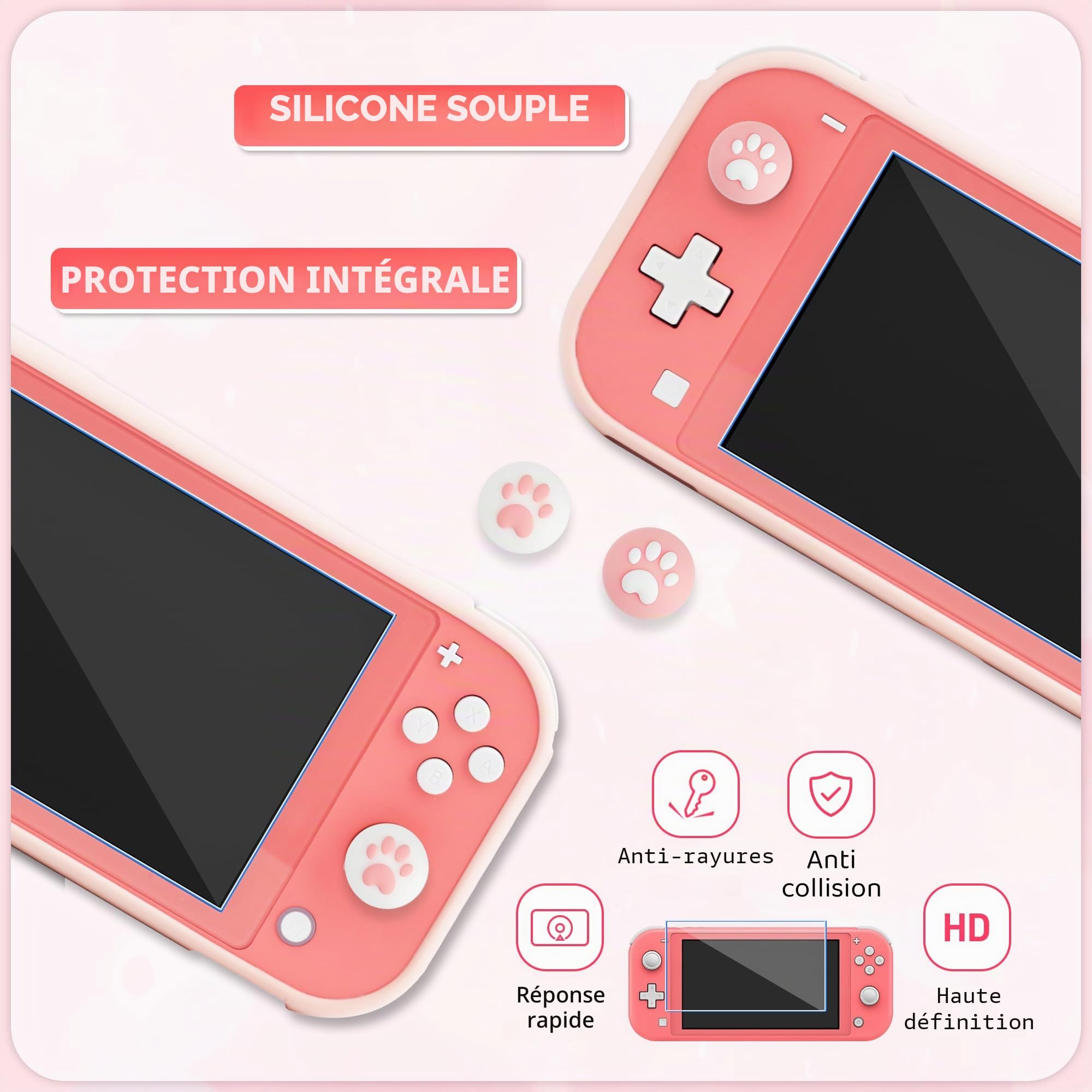 RHOTALL Étui de transport pour Nintendo Switch Lite, joli étui d'accessoires pour Switch Lite avec coque de protection en TPU,bandoulière, protecteur d'écran et 2 capuchons pour les pouces, lapin rose