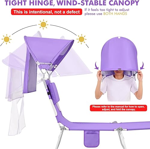 Miniatura 4 de Silla de bronceado de playa con toldo y agujero facial, silla plegable de 6 posiciones para adultos al aire libre, lectura, tomar el sol, junto a la
