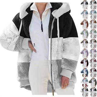Tsamuo Winter Coats for Women 2023 Winter Fuzzy Fleece Jacket Hooded Patchwork Color Block Cardigan Outerwear with Pockets
