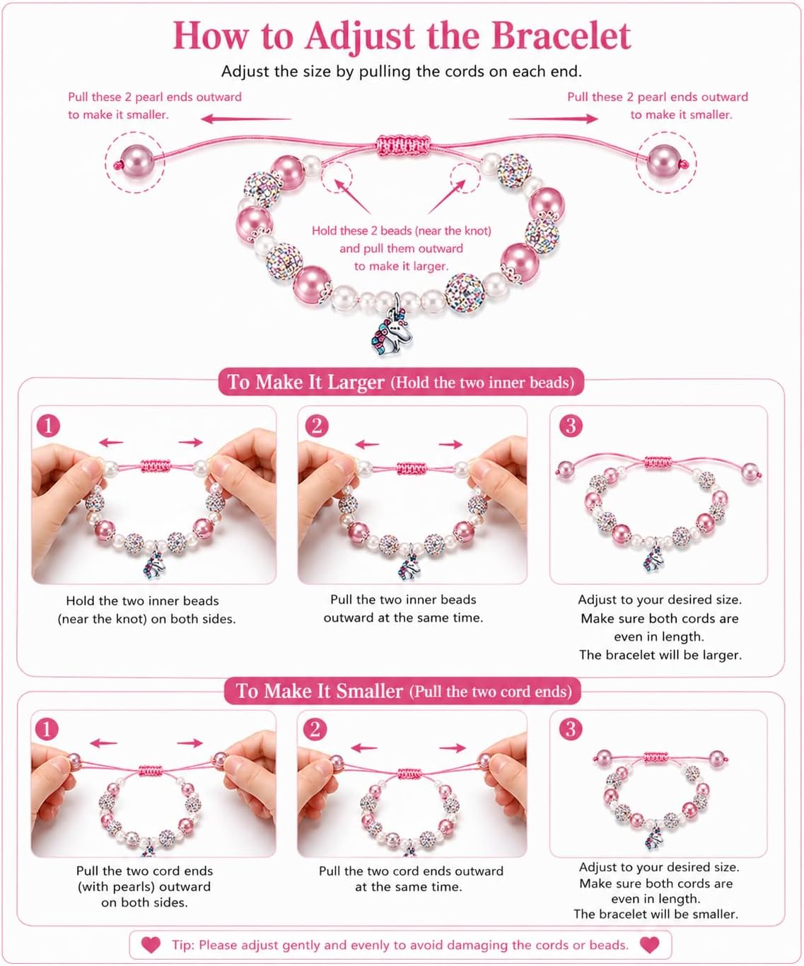 MIXJOY Unicorn Pearl and Rhinestone Balls Pink Bracelet&Card w/Gift Box for Women, Unicorn Lovers Birthday Easter Gifts