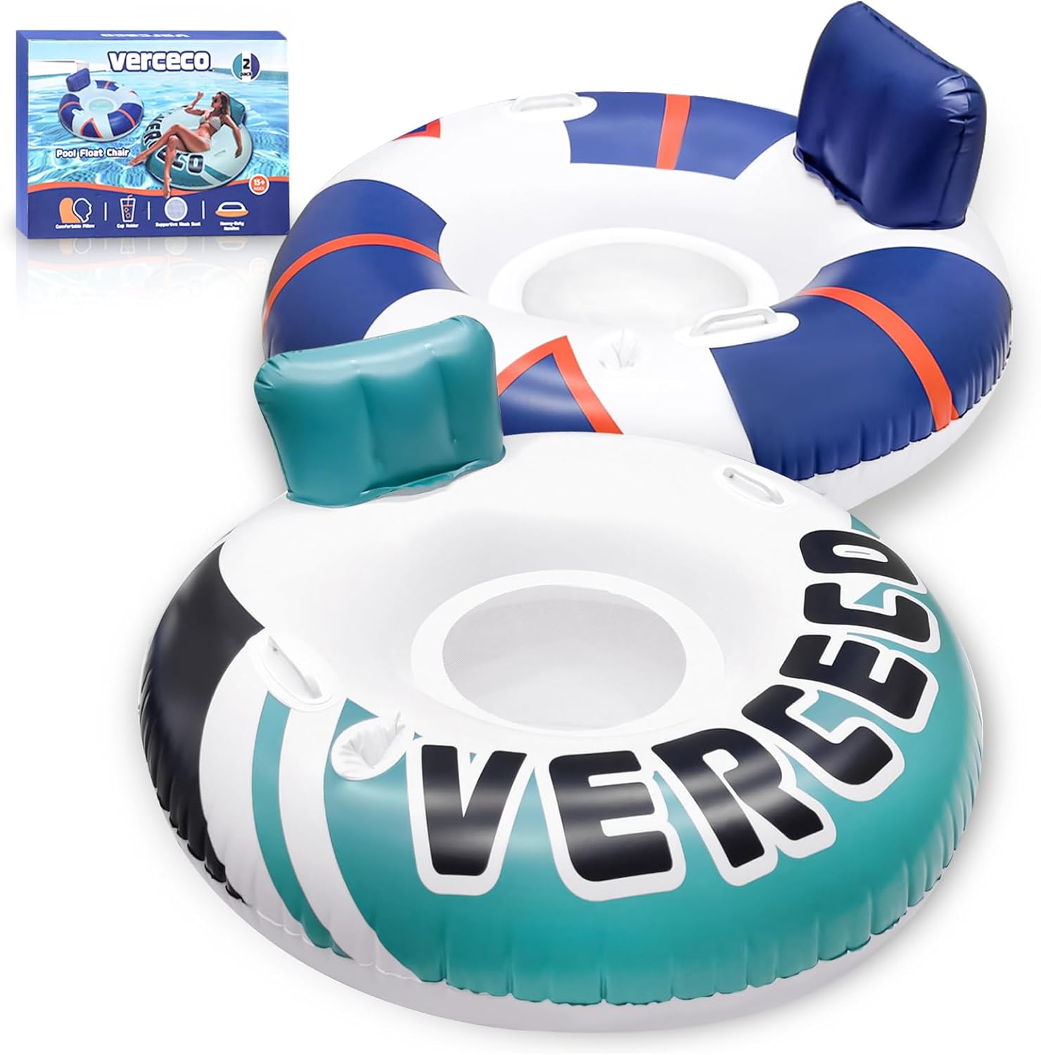 2 Packs Inflatable Pool Floats Adult Pool Chair Float Lounger Heavy Duty River Tube Floaties for Floating Lake Floats Raft with Cup Holder for Adults Kids