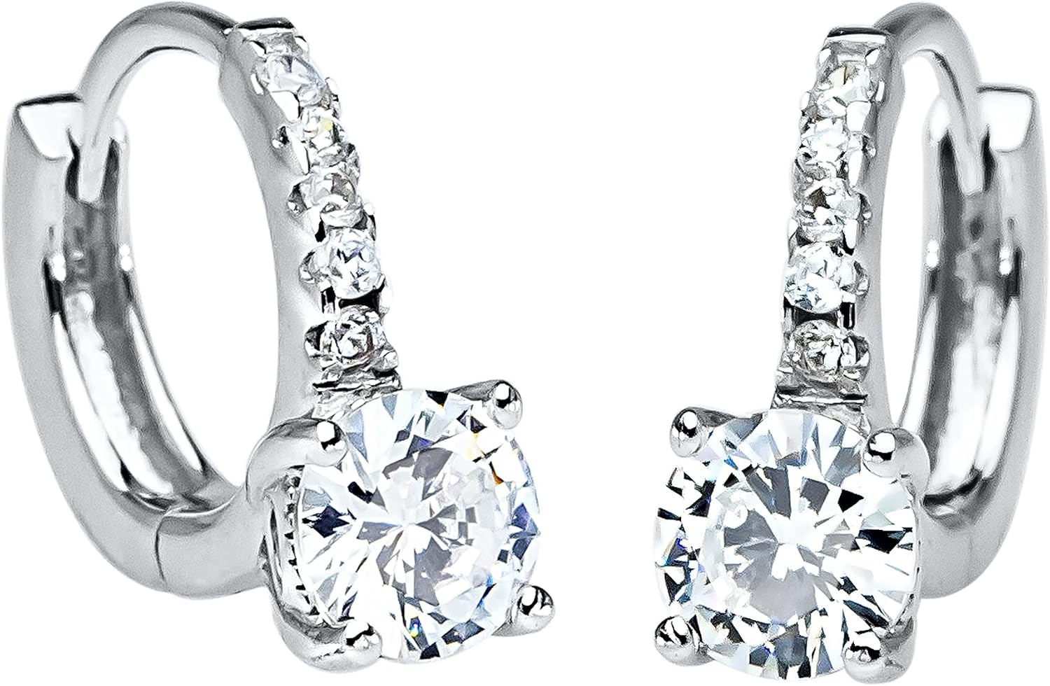 Rhodium Plated Sterling Silver Hoop Huggie Bridal Earrings with 5mm / 7mm Solitaire Prong Set CZ