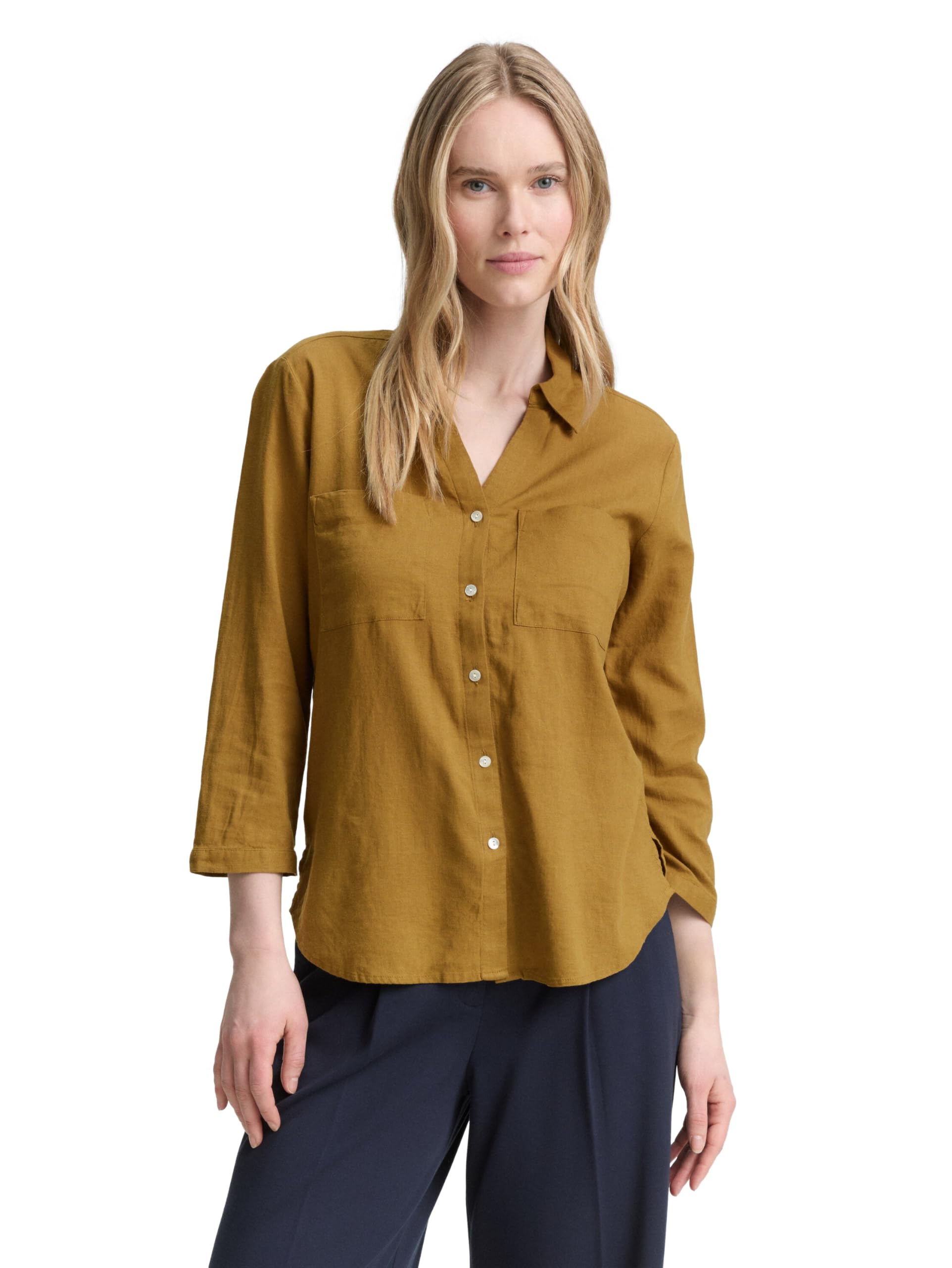 Tom Tailor Women's 15664 - Nutria Olive Linen Blend Shirt Blouse, 14