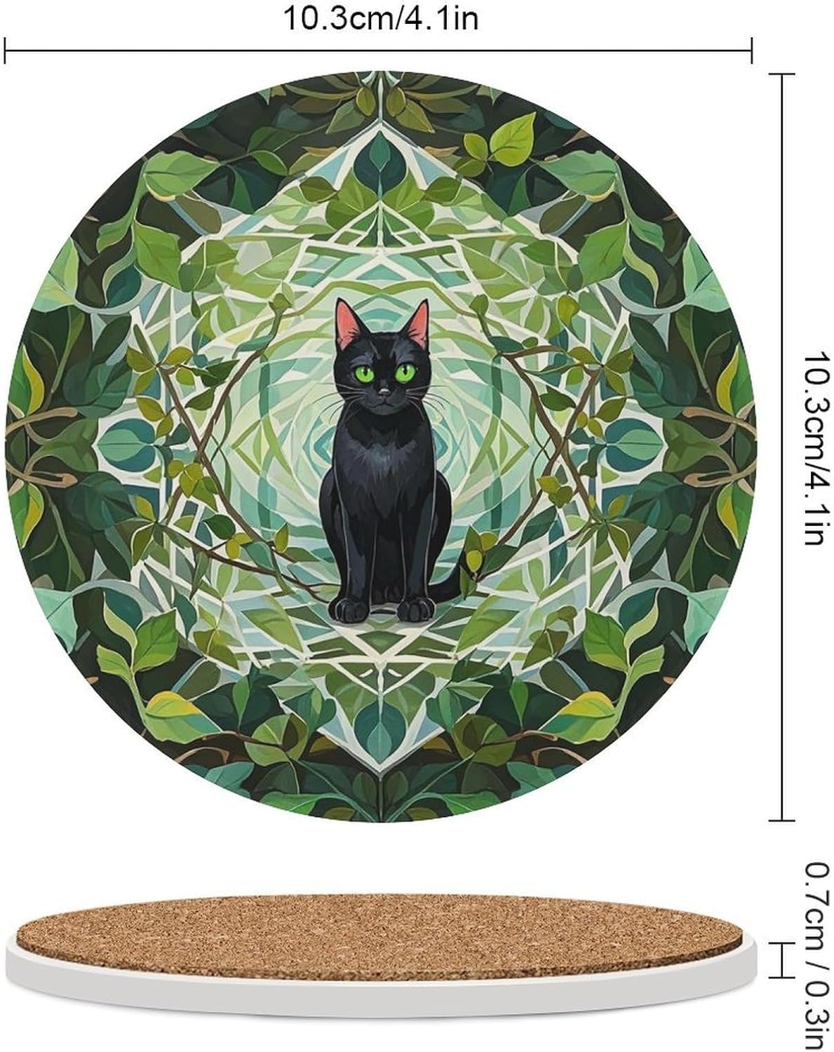 6PCS Black Cat Coasters Non-Slip Round Drink Coasters with Ceramic Stone and Cork Base, Heat Resistant Absorbent 33.00Stone Coaster Set for Kinds of Mugs and Cups, 4 Inch