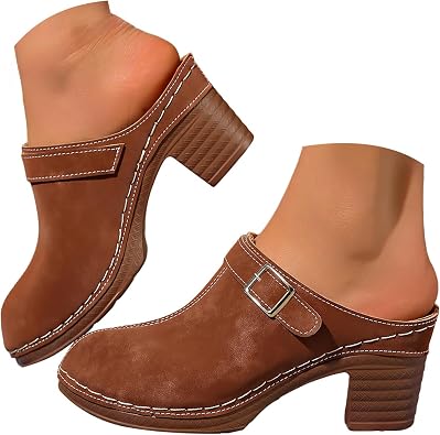 Womens Closed Toe Platform Chunky High Heel Mule Sandals Slip On Mules Shoes for Women Open Back Clogs Metal Buckle Summer Retro Casual Breathable Slides Comfortable Orthotic Sandals