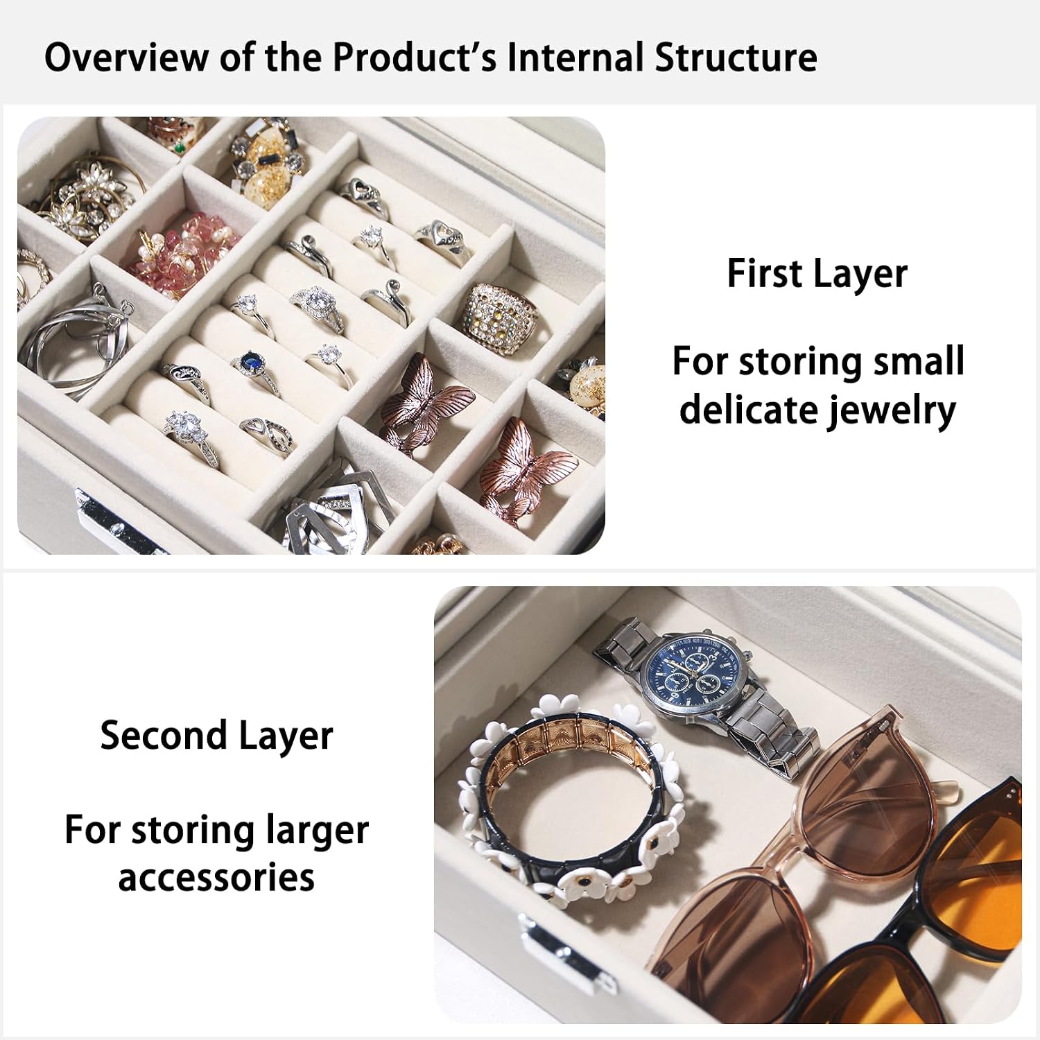 Coward 2-Layer Jewelry Organizer Box, Velvet Jewelry Storage Holder Case with Lock for Necklaces Ring Earrings Bracelet Bangle Watch, Gift Choice for Mom Wife Girls (Beige) image 5