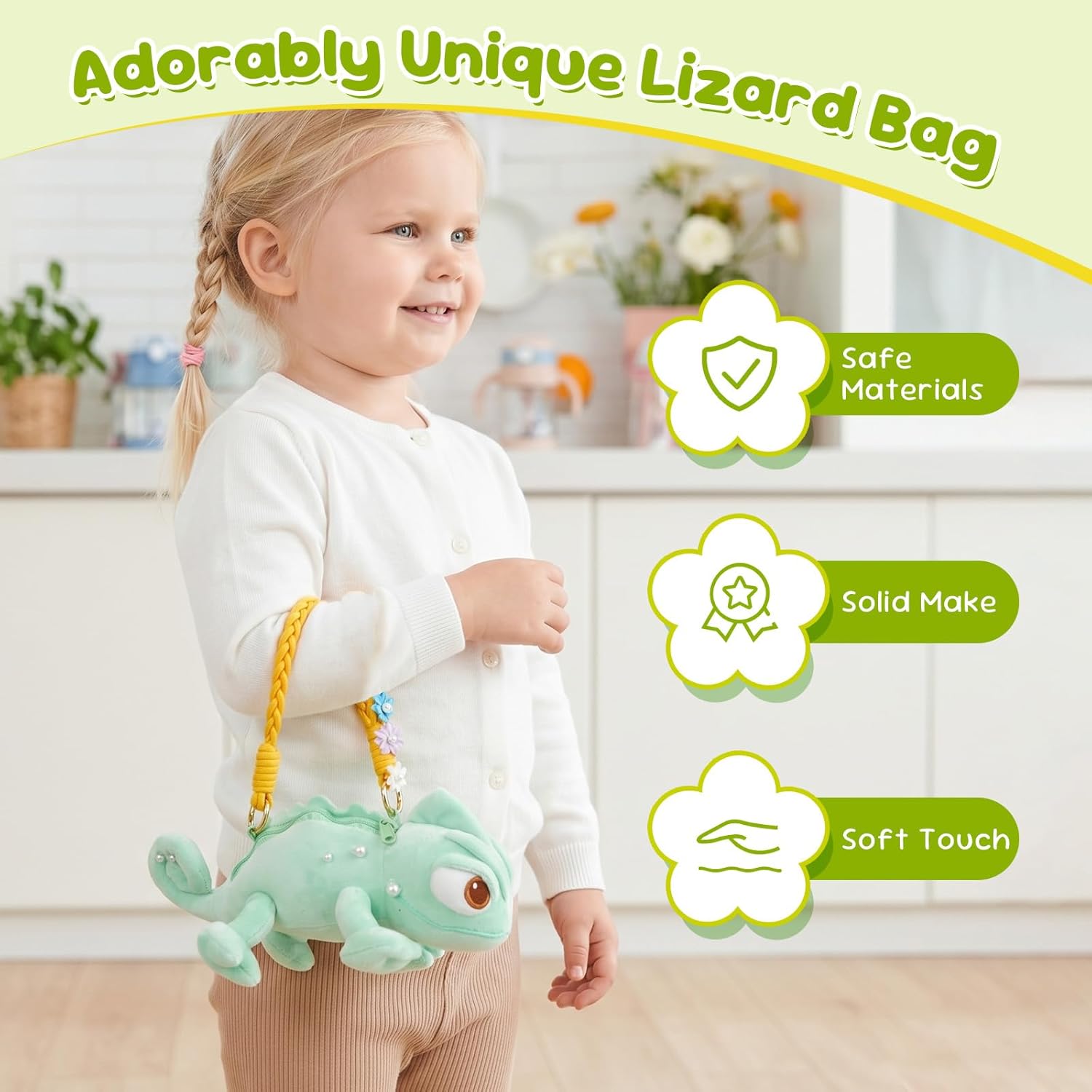 Lizard Plush Toy and Shoulder Handbag - Chameleon Shape Fluffy Plush Detachable Strap Multi-Functional Storage, 9.5 Inch Cute Fashion Accessory for Theme Parks and Daily Outings