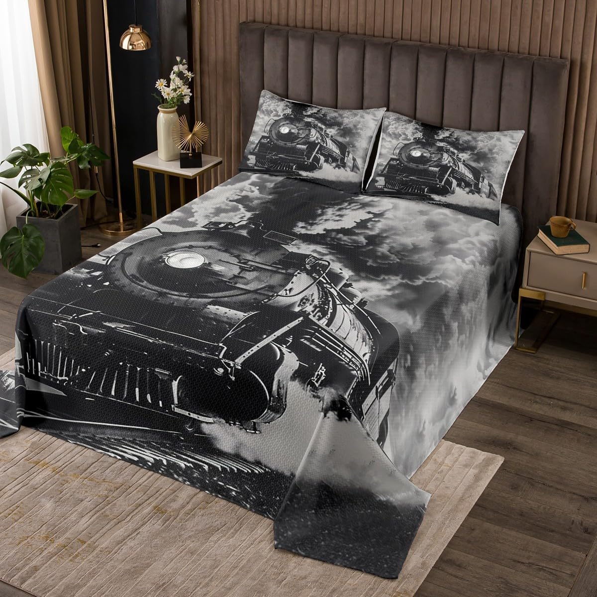Homewish Vintage Train Bedspread Twin Size,Retro Steam Engine Bedding Set for Kids Boys Teens Room Decor,Old Style Transport Vehicles Coverlet Set 2Pcs,Rustic Train Microfiber Quilt,1 Pillowcase
