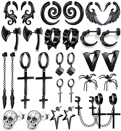 15 Pairs Punk Style Earrings Set for Women and Men, Stainless Steel Gothic Earrings Kit Fashion Cross with Cross, Axe, Wing, Skull Heads, Spider, and More (15) - Black - dark punk
