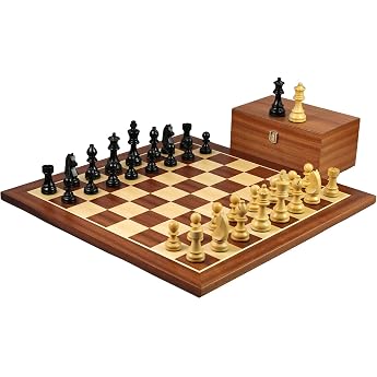 Wooden Chess Set Mahogany Board 20 Inches Weighted Ebonised German Staunton Pieces 3.75 Inches