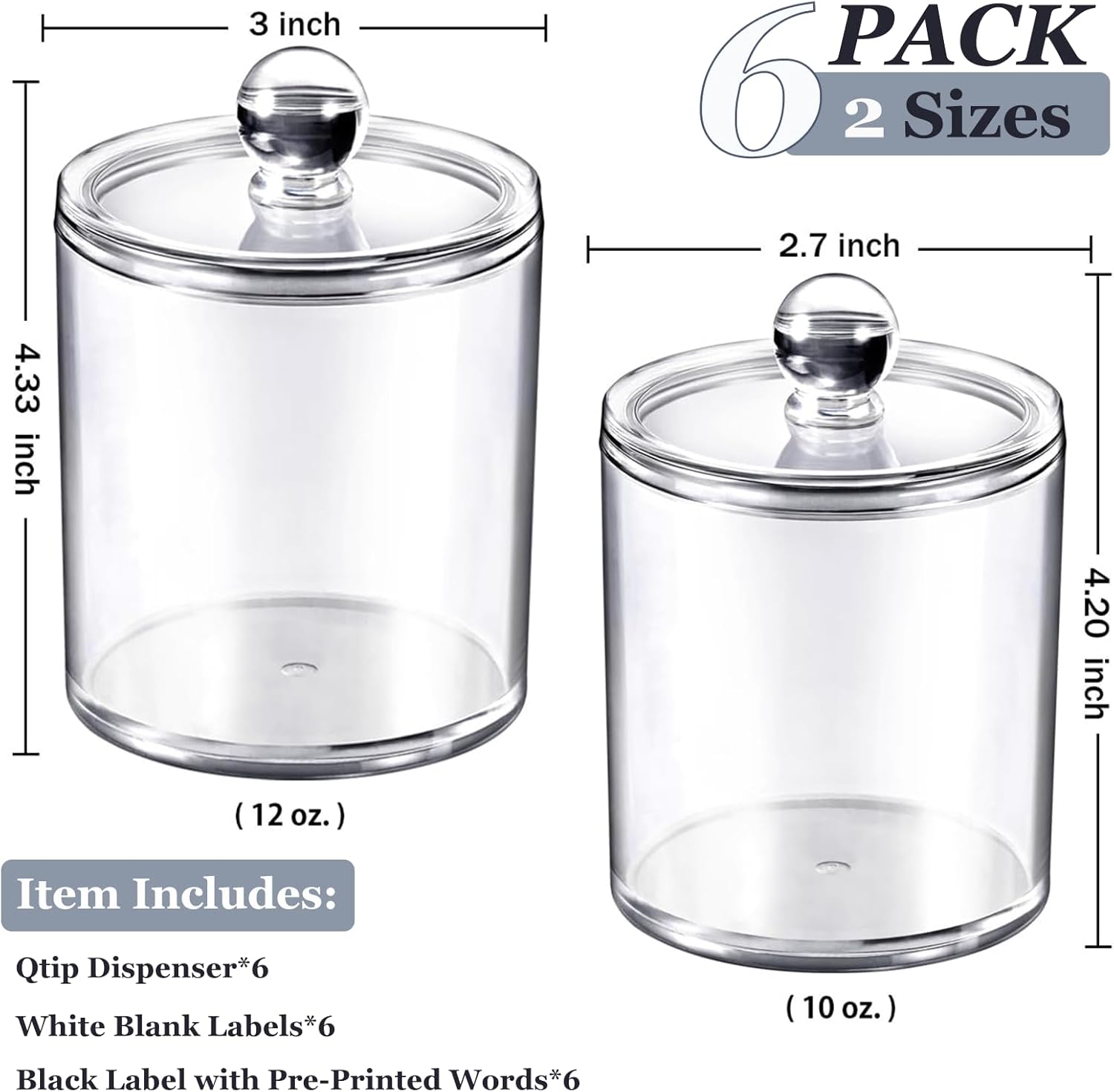 SheeChung 6-Pack Clear Acrylic Apothecary Jars with Labels - (3) 10oz & (3) 12oz Qtip Holder Set - Shatterproof Bathroom Vanity Organizer for Cotton Swabs, Balls, Pads - Minimalist Decor
