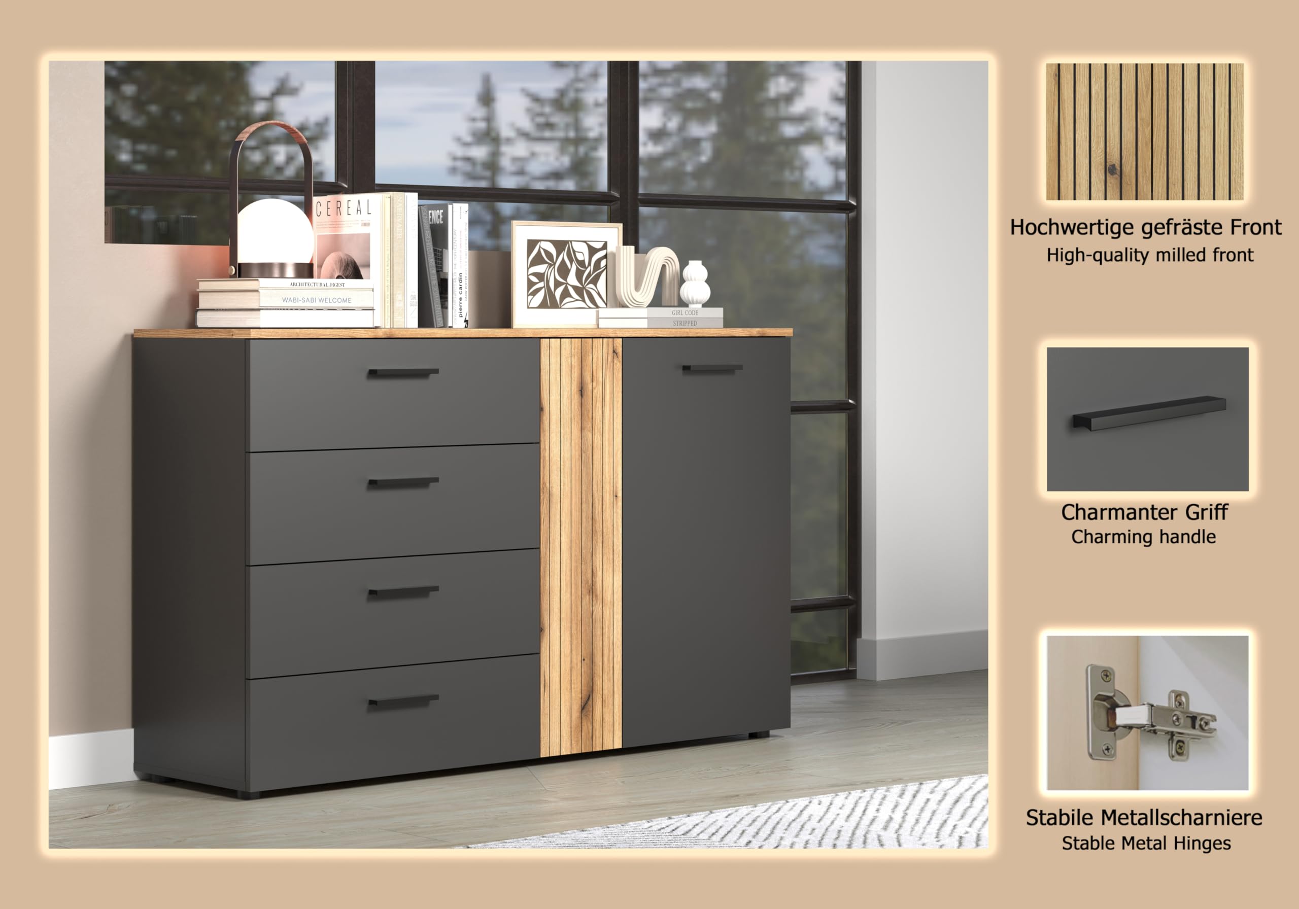 trendteam smart living Esteban Kommode Anthrazit/Evoke Eiche Wohnzimmermöbel mit 4 Vollauszug-Schubladen (BxHxT) 139 x 86 x 38 cm Rillenoptik