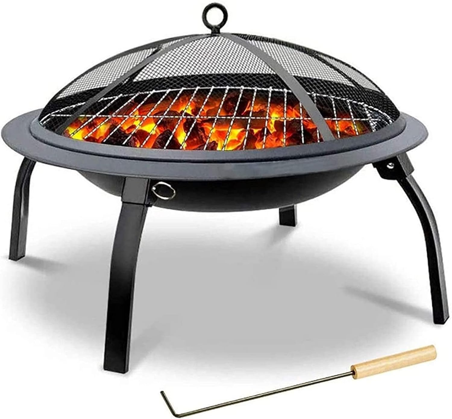 Garden Fire Pit Grill Bowl Grill Barbecue Rack Fire Pits,Garden Outdoor Fire Pits Steel Folding Fire Bowl with Grill & Cover & Poker Camping Fire Pit BBQ Brazier Wood Charcoal Patio Heater