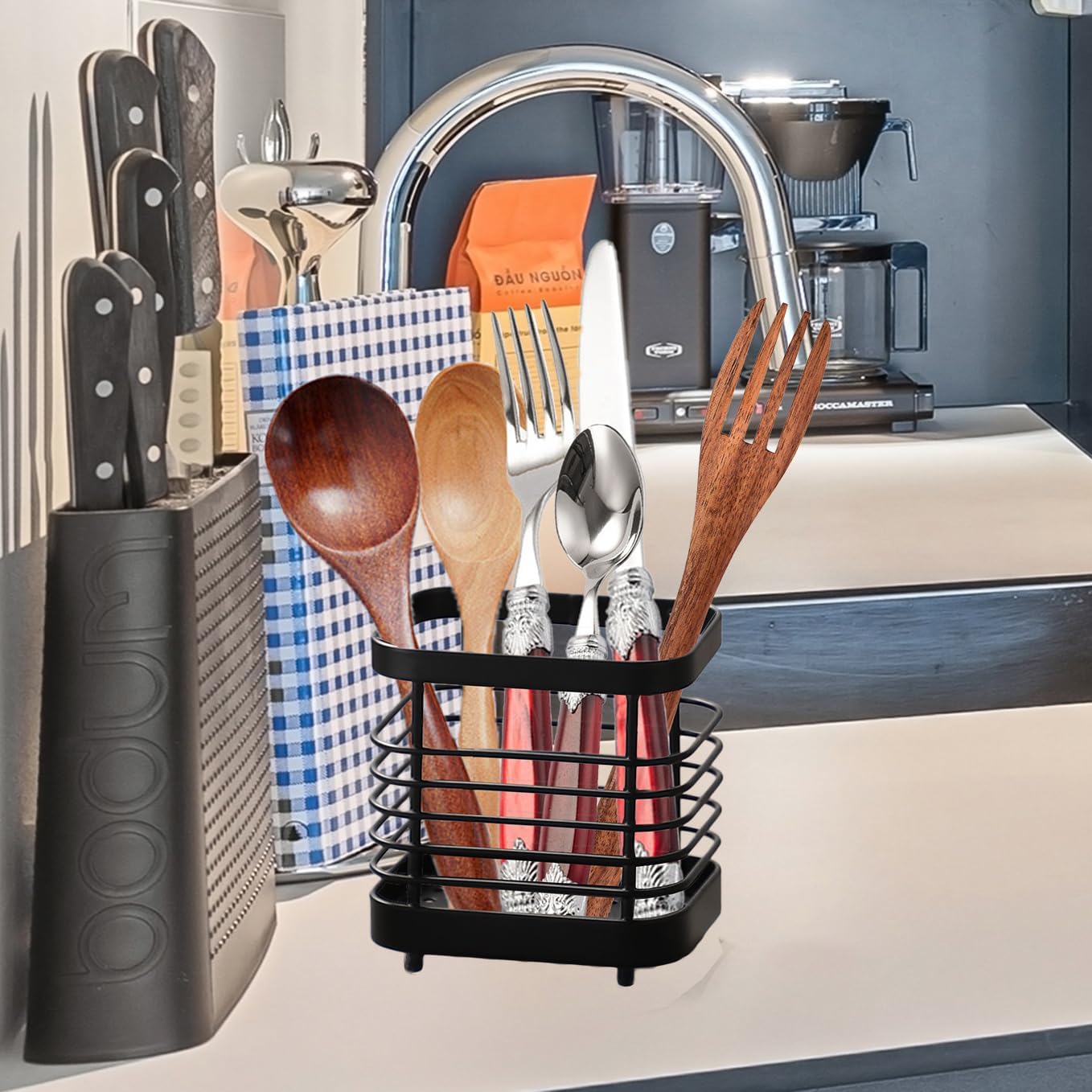 Utensil Holder Kitchen Countertop Organizer, Cutlery Drainer Sink Caddy Storage Drying Rack for Silverware Flatware and Cookware Stainless Steel(Black-S) - Image 6