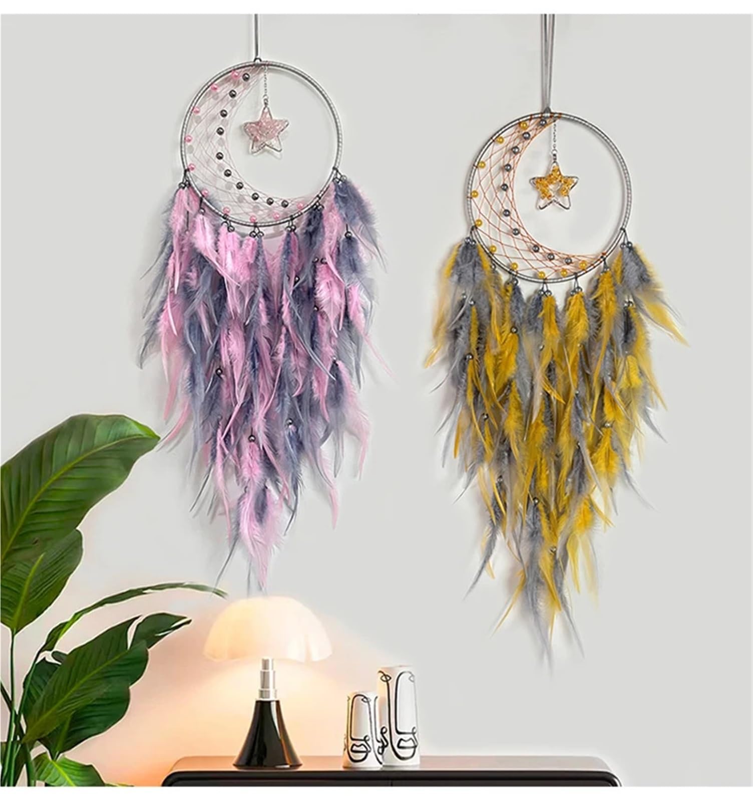 Acchiappasogni 2 pezzi di acchiappasogni soggiorno ornamenti appesi decorazioni for la casa con ciondolo a vento piume realizzate a mano(Pink)