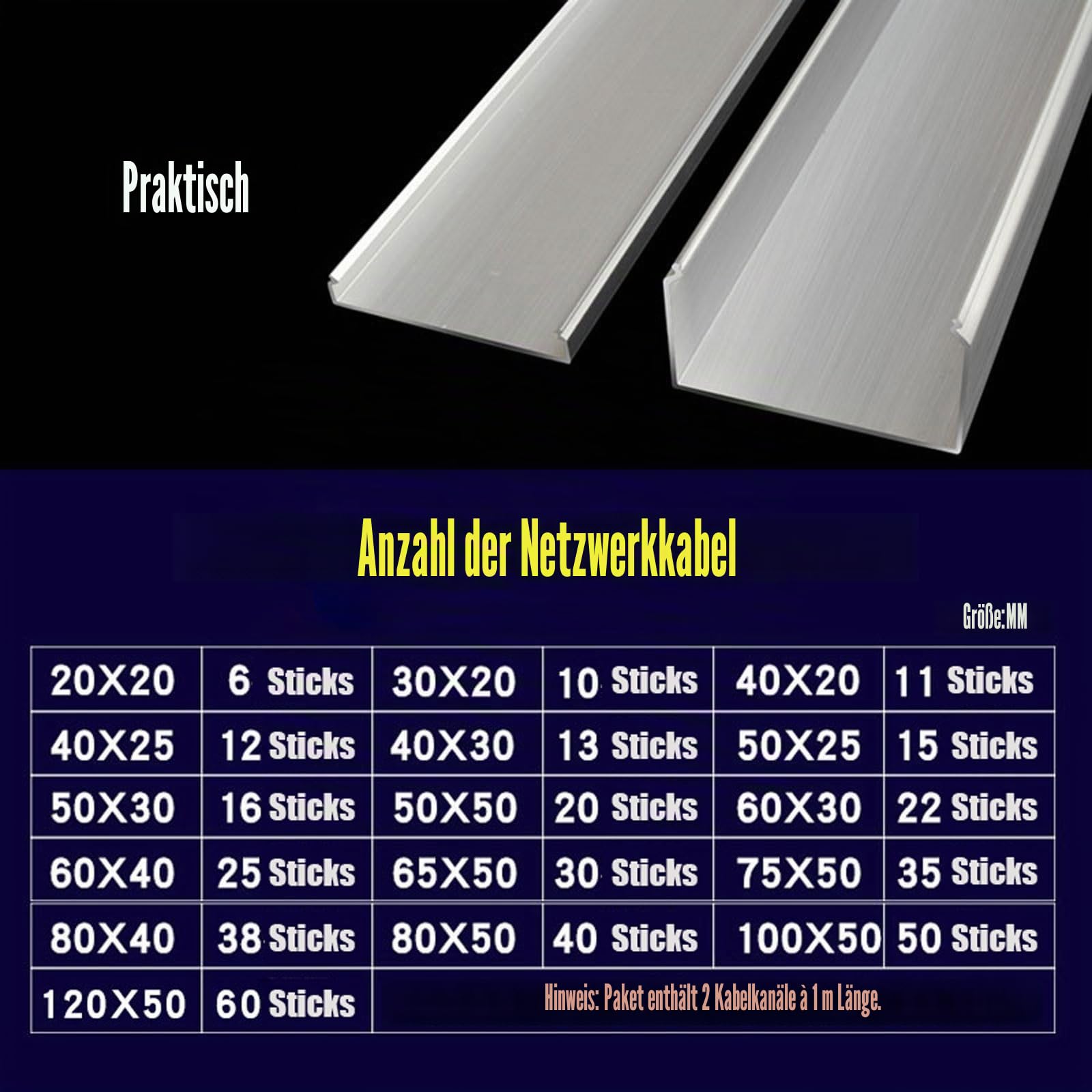 Kabelkanäle für Wände, Aluminium-Kabelkanal, silberfarben, mehrere Größen, Packung mit 2 x 1 m(100 * 50mm)