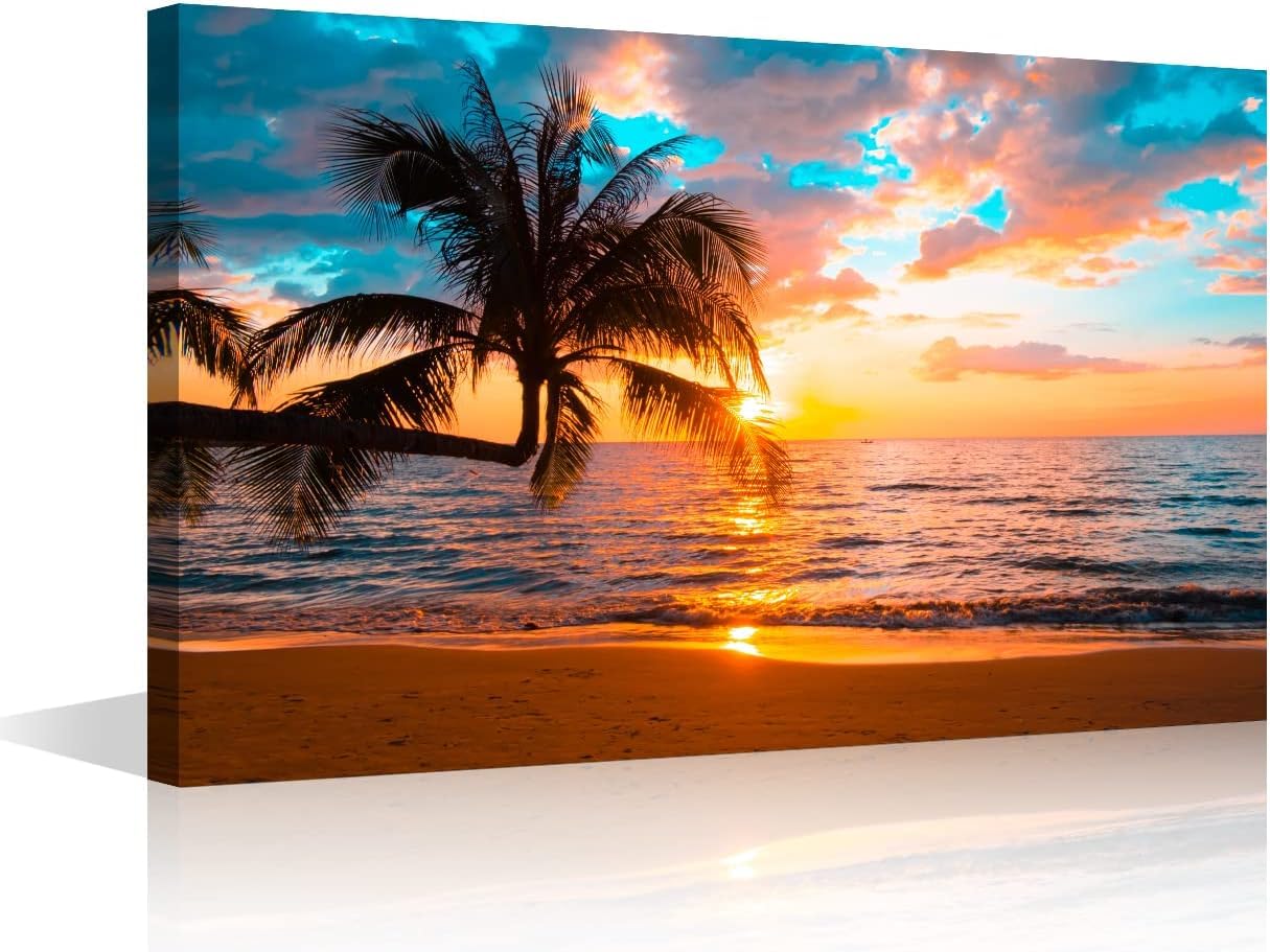 Canvas Prints Wall Art Beach Sunset Ocean Waves Seagulls Nature Pictures Stretched Canvas Wooden Framed for living Room Bedroom and Office 16x24inch — view 8