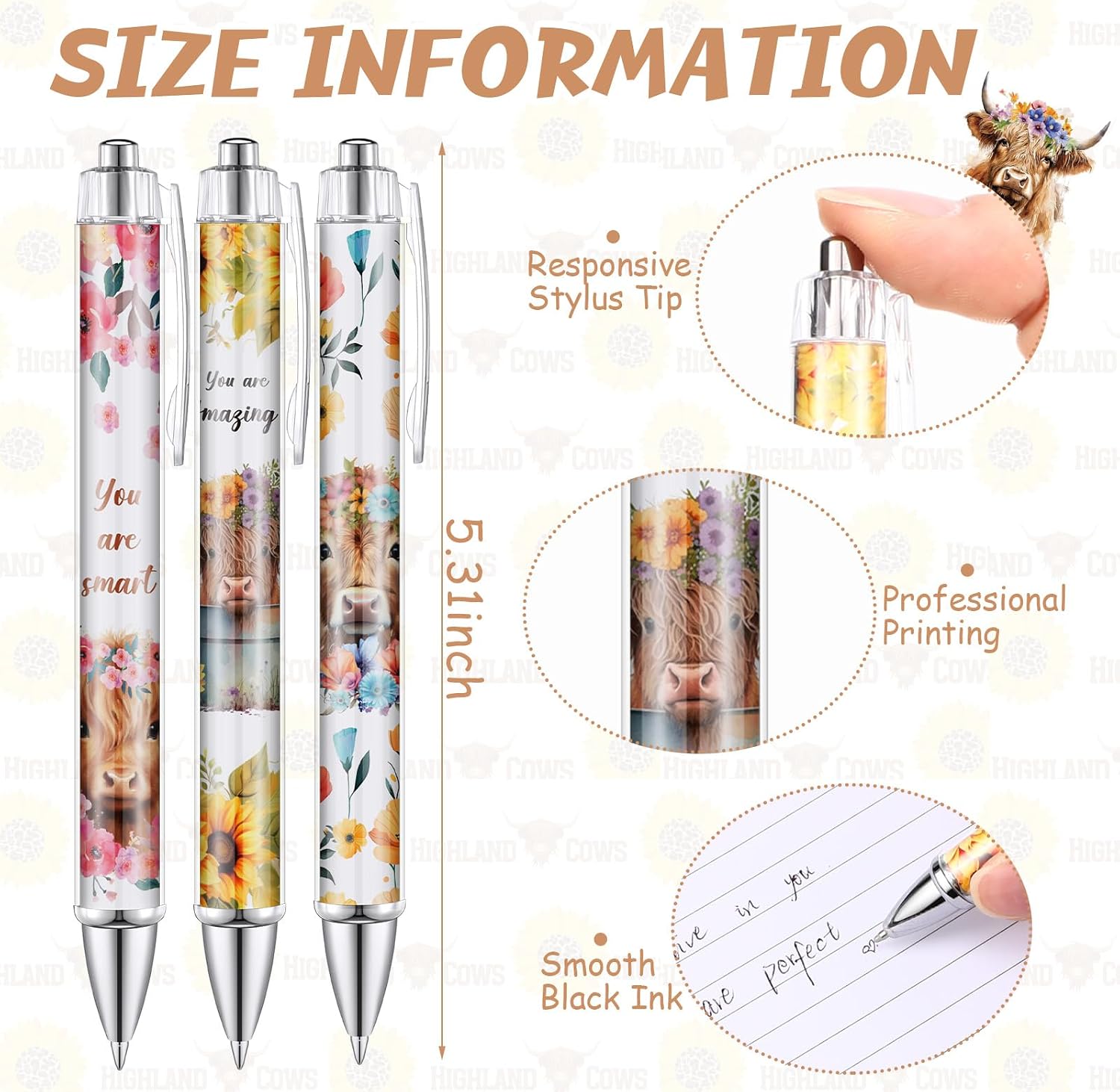 TecUnite 30 Pcs Highland Cow Ballpoint Pens, 1.00 mm Floral Black Ink image 3