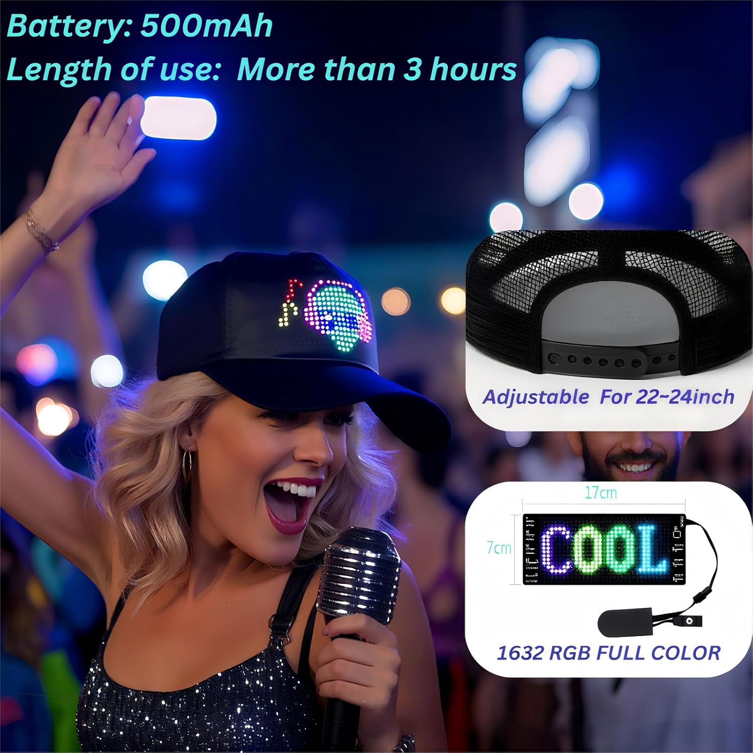LED Hats, LED Display Screen Baseball Caps with Programmable Scrolling Message, Bluetooth APP Control, Custom Text, Patterns & Animations Hat - Perfect for Christmas and Halloween Parties & Raves - Image 6