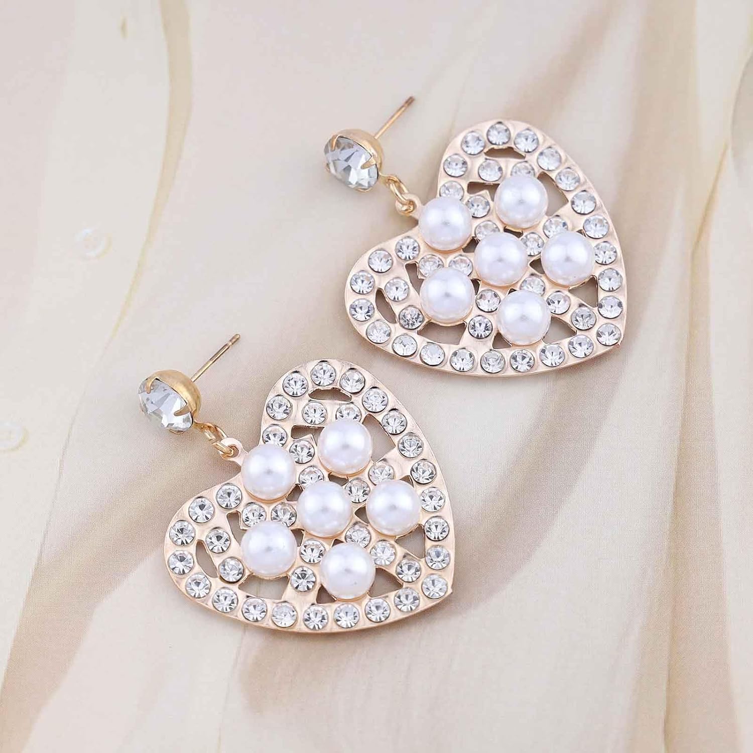 Boho Pearl Crystal Heart Earrings Large Pearl Heart Dangle Earrings Gold Cz Heart Drop Earrings Exaggerated Heart Shape Earrings Jewelry for Women - Image 3