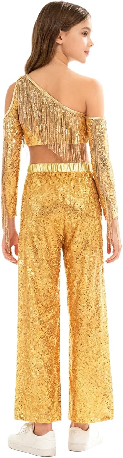 FEESHOW Kids Girls Allover Sequins Jazz Dance Outfits Long Sleeve Tassels Crop Top with Straight Leg Pants for Latin Hip Hop