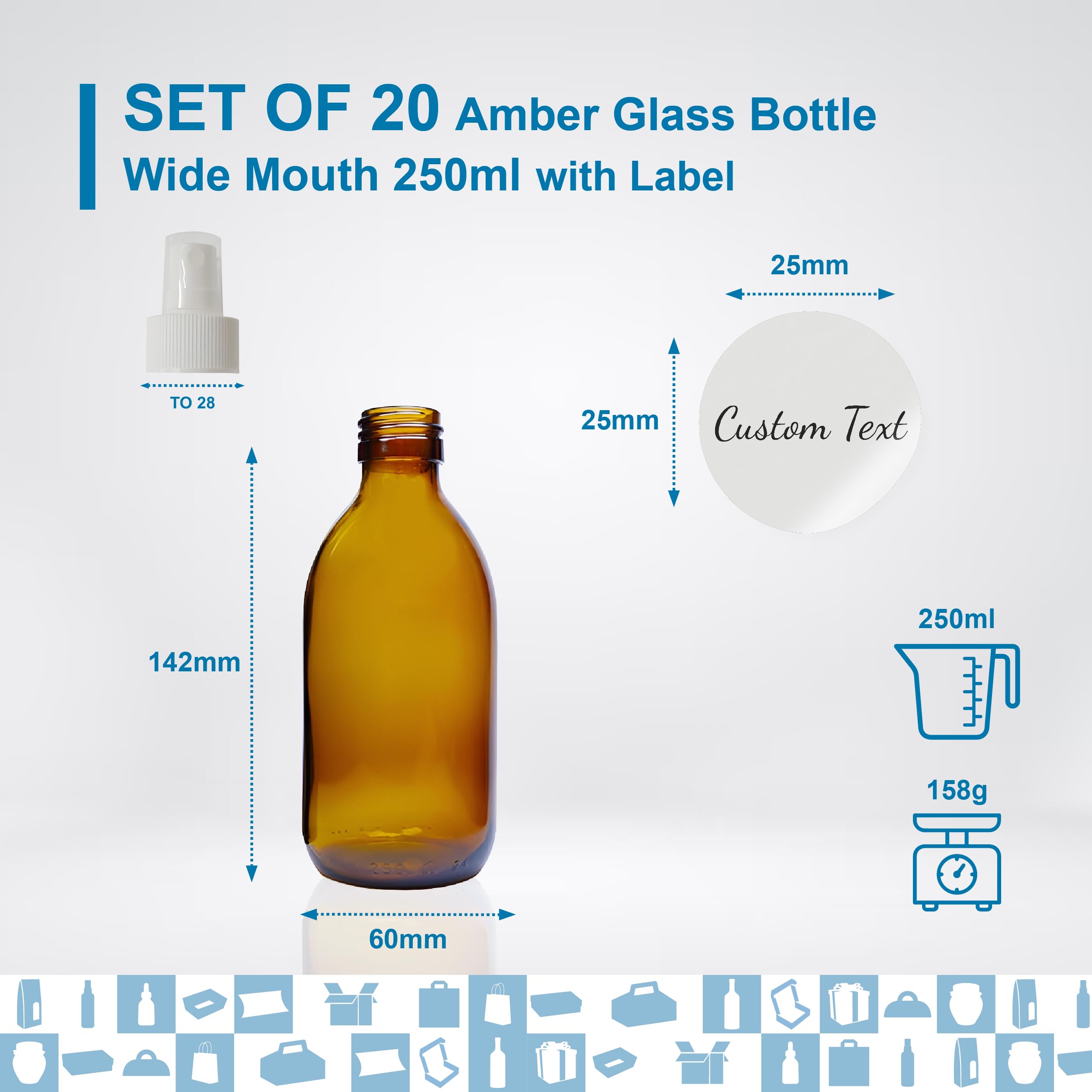 20 x Sprühflasche aus Glas, bernsteinfarben, 250 ml, mit Deckel für Zerstäuber + 20 personalisierte Etiketten – ätherische Öle, Kosmetik, Parfüm, Haarspray – Hautpflege und Haarpflege