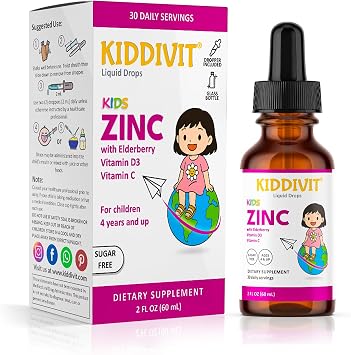 Zinc Kids Liquid Drops with Elderberry, Vitamin D3 & C 30 Daily Servings, 2 FL OZ 60 mL Immune Support for Children Sugar Free, Gluten Free, Vegetarian