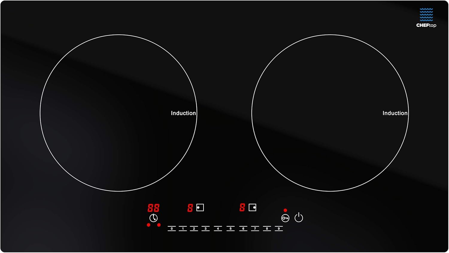 Top-down view of the DRINKPOD Cheftop Double Burner Induction Cooktop with digital controls.