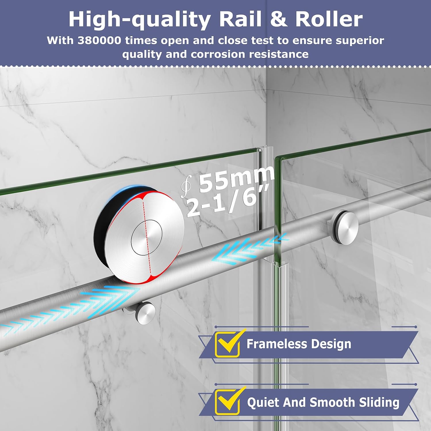 55"-60" W x 63" H Bathtub Soft Closing Sliding Shower Door,Water Repellent Frameless Tub Shower Door with 5/16" (8mm) Nano Explosion-Proof Film Transparent Glass (Brushed Nickel 60" Wx63 H)