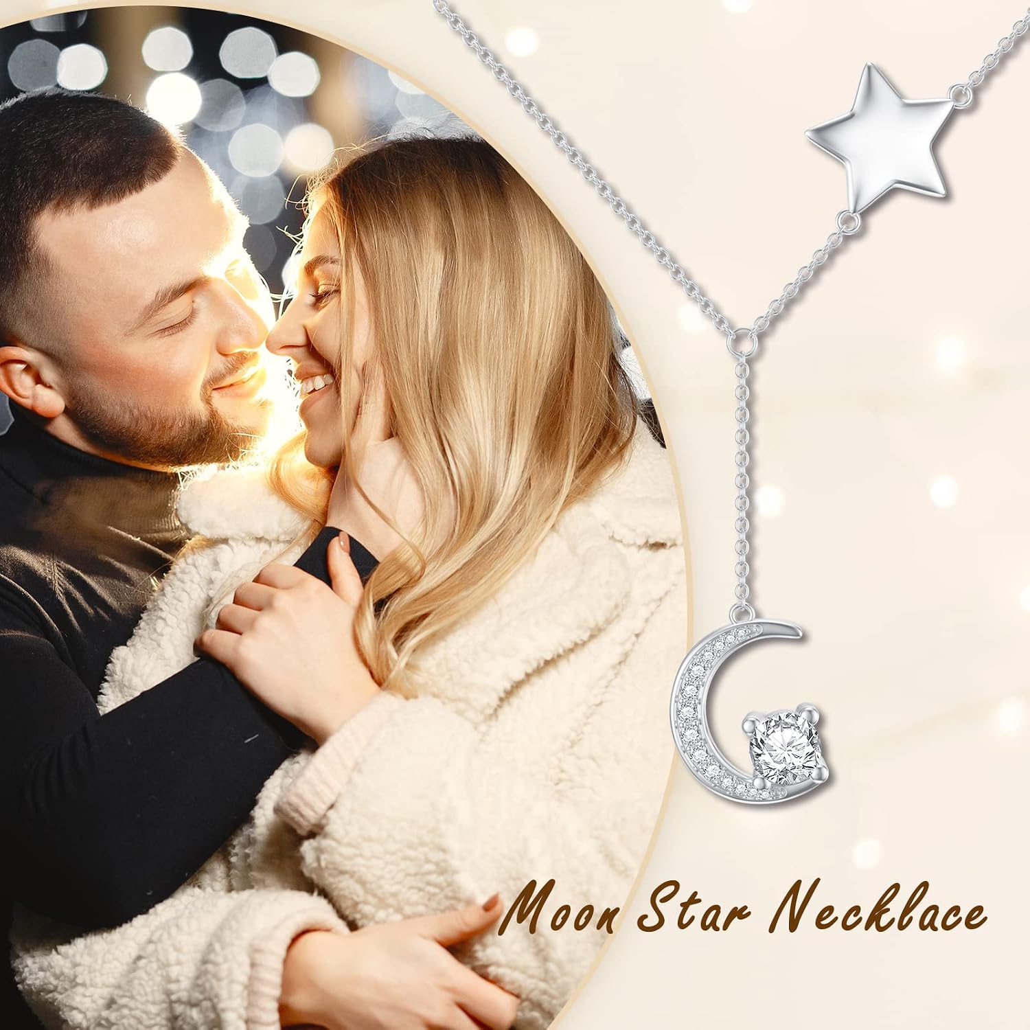 Moissanite Y Lariat Necklace for Women 18K White Gold Plated 925 Sterling Silver Moissanite Diamond Moon and Star Layered Pendant Necklace Birthday Christmas Mothers Day Gifts for Mom Wife