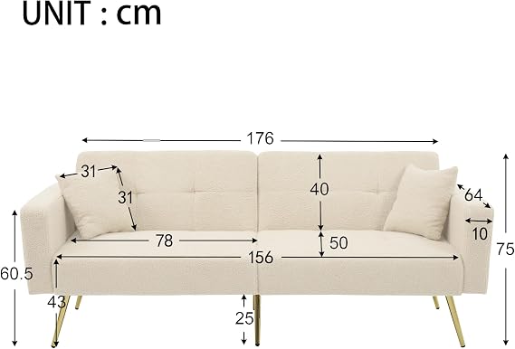 ModernLuxe Adjustable Sofa Sherpa Fabric Sofa Bed – 3 Reclining Angles, Gold Legs, High-Density Foam Cushion, Side Storage Pockets – Modern Convertible Sofa for Living Room & Guest Use Beige
