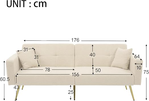 ModernLuxe Adjustable Sofa Sherpa Fabric Sofa Bed – 3 Reclining Angles, Gold Legs, High-Density Foam Cushion, Side Storage Pockets – Modern Convertible Sofa for Living Room & Guest Use Beige
