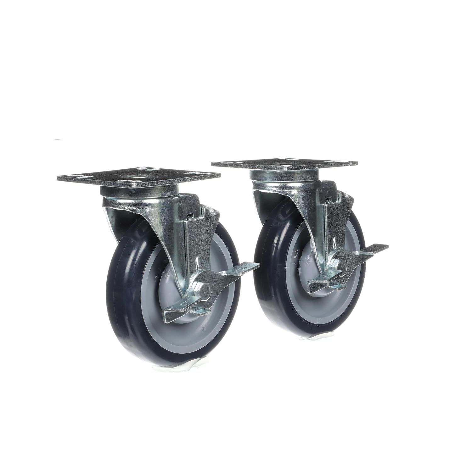 Medium Duty Universal Plate Caster Kit - 3-1/2" x 3-1/2" Plate, 5" Blue Polyurethane Wheel, 4 Brake Casters