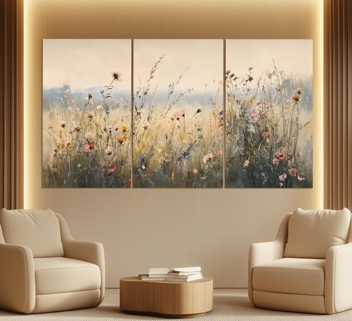 lianyibo Vintage polne kwiaty druk na płótnie, styl retro, kwiatowa sztuka ścienna, polne kwiaty, obraz, plakat dekoracja salonu (60 x 90 cm x 3/rama wewnętrzna)