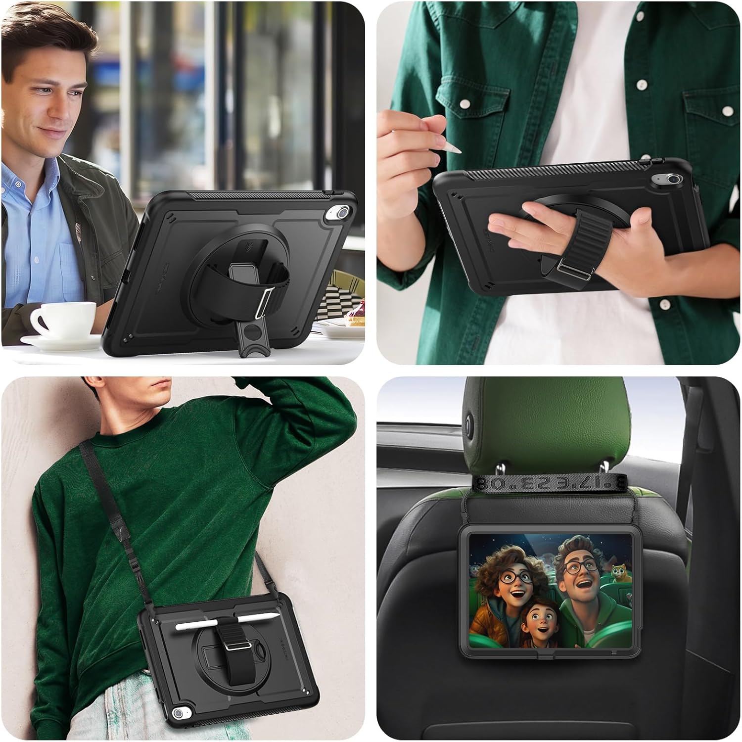 SEYMAC for iPad (A16) 11th/10th Generation Case 2025/2022 (11″/10.9″), Full-Body Shockproof Protective Case with Screen Protector, Rotating Stand, Hand/Shoulder Strap, Black