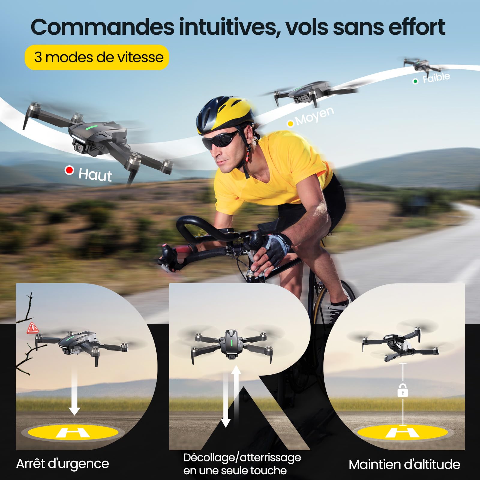 Drone DEERC D75 Caméra HD 4K Quadricoptère FPV Pliable 32 Min Vol Moteurs Brushless Commande Vocale Gestuelle Tap Fly 3 Vitesses Débutants