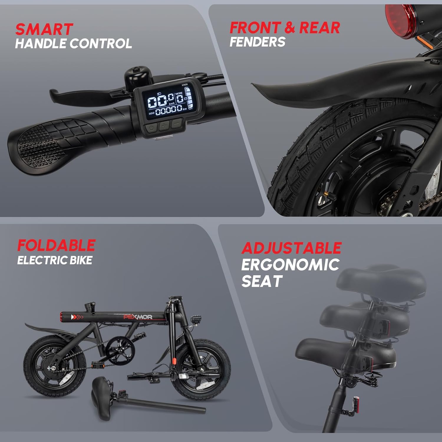 Close-up of the PEXMOR electric bike's smart handle control with LED display, showing battery level and speed, along with views of the front and rear fenders, the foldable design, and the adjustable ergonomic seat.