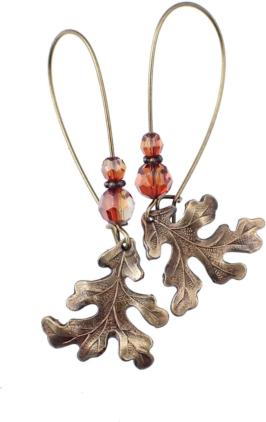 Wild Oak Leaf Earrings in Antiqued Brass with Rustic Red Crystal Beads