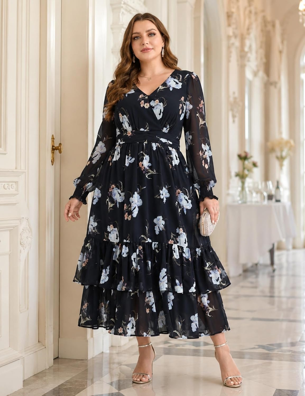 EYWOL Women's Plus Size Floral Print V Neck Fall Maxi Dresses image 4