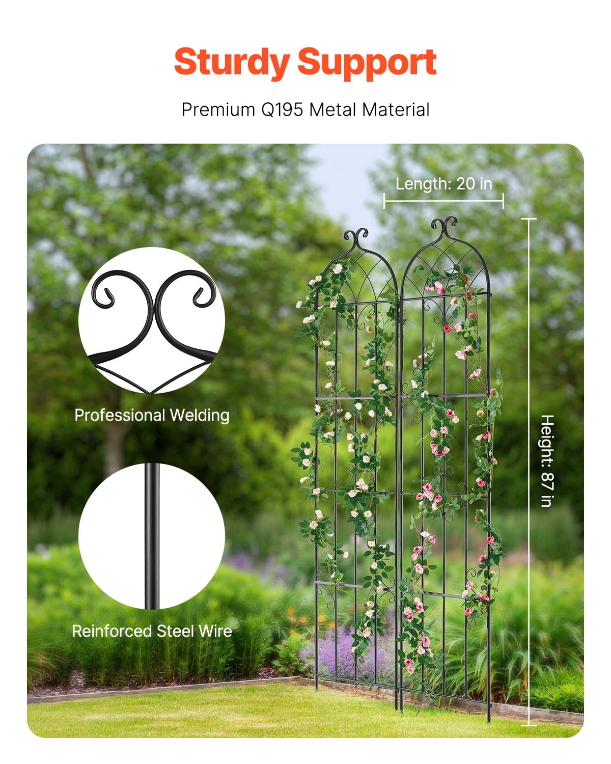 VEVOR Traliccio da Giardino Rampicanti per Piante Fiori in Metallo Antiruggine, Supporto per Traliccio per Rose Rampicanti Esterno, Traliccio Decorativo per Clematide Alta Cortili 51 x 220 cm 2 Pezzi